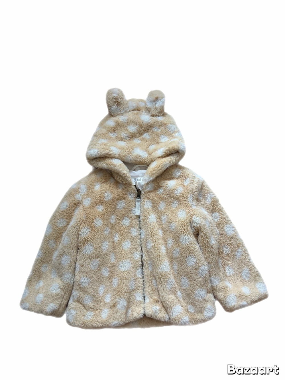 okie dokie Cream & Light Brown Faux Fur Fawn print Lined Jacket ear animal (3T)